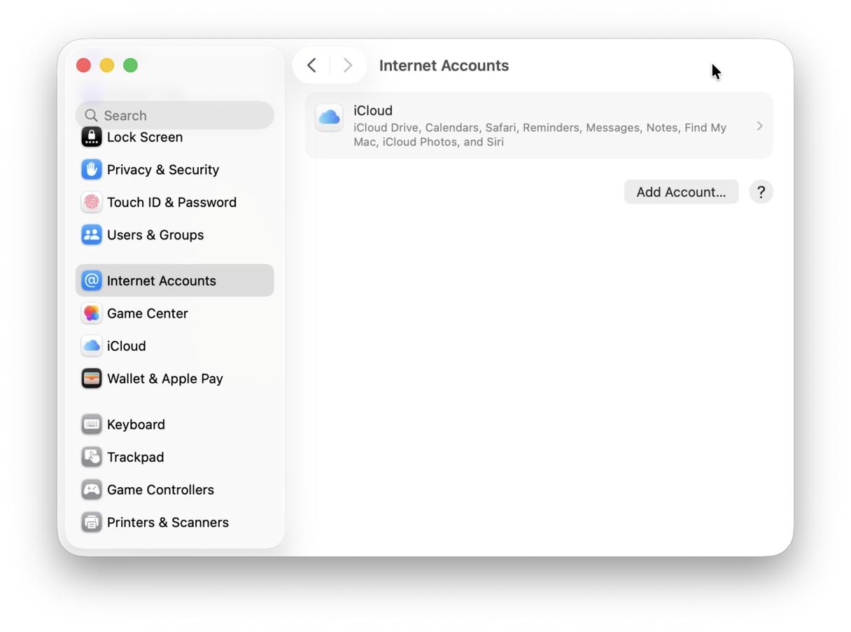 Internet Accounts settings on Mac