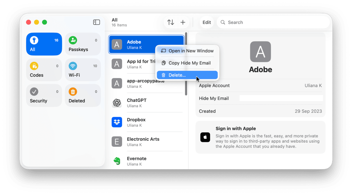 How to delete a password in the passwords app on Mac
