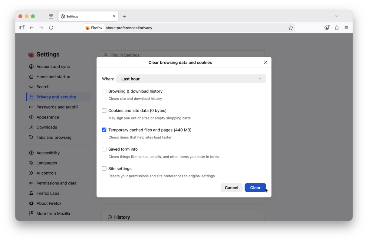 Clear Firefox browser cache