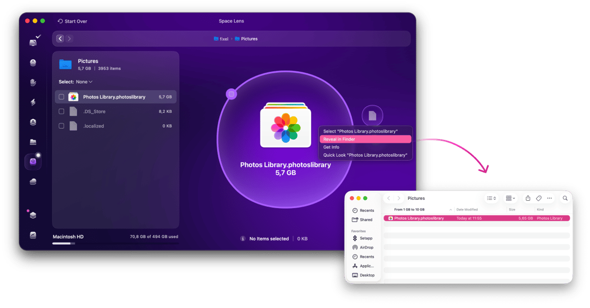 CleanMyMac Space Lens showing Photos Library at 5.7 GB with Reveal in Finder option highlighted, opening the file location directly in macOS Finder