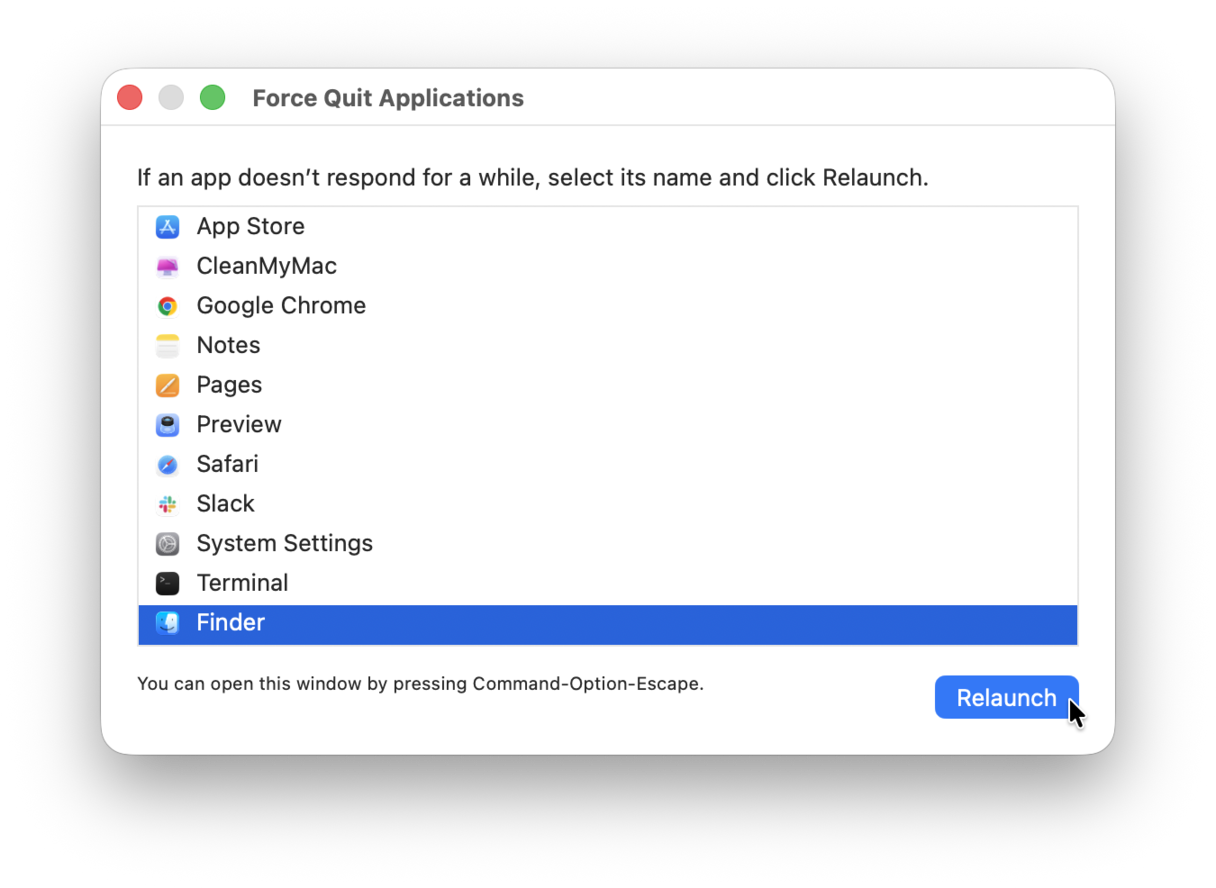 Relaunch Finder via force quit menu
