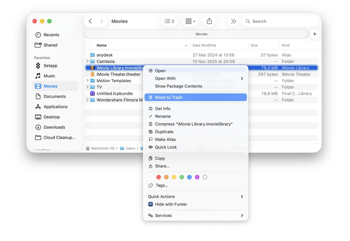 Send iMovie library to trash
