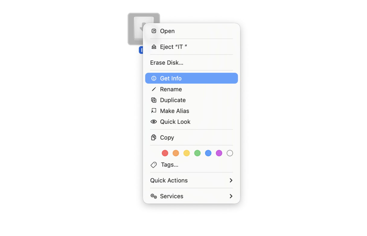 Get Info menu for external drive