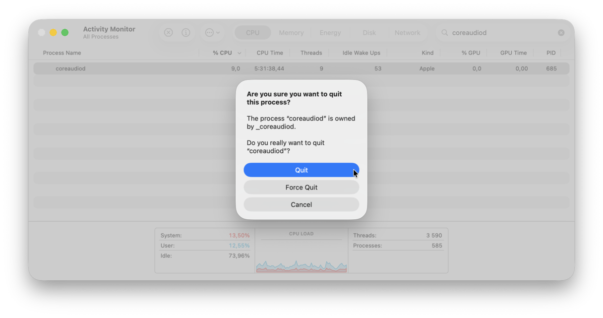 quit coreaudiod via Activity Monitor