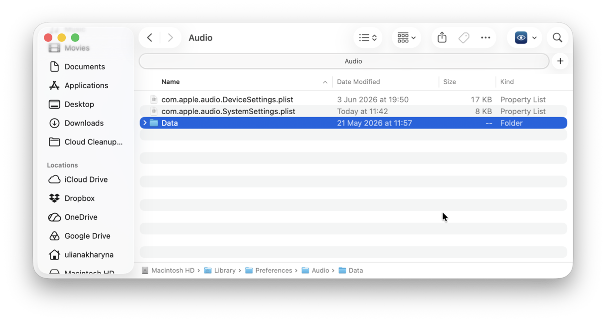 Check that the audio preferences directory