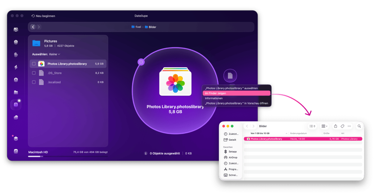 CleanMyMac Dateilupe zeigt 5,8 GB gro&szlig;e Photos Library im Finder an &ndash; Speicherplatz auf dem Mac visuell analysieren und freigeben