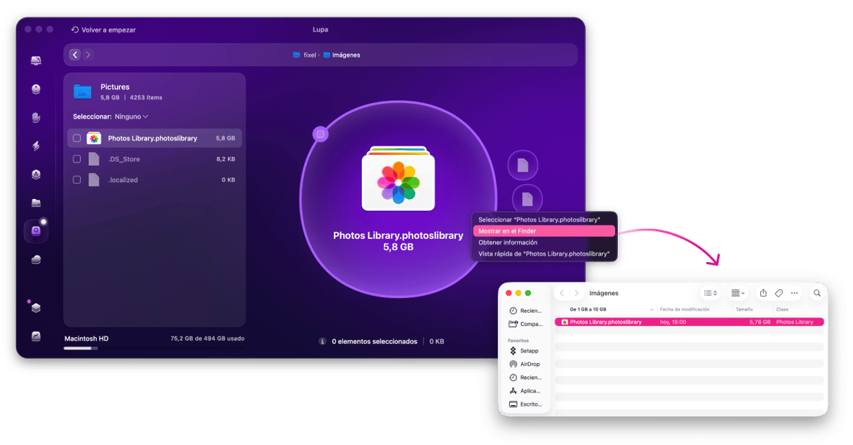 CleanMyMac Lupa mostrando la biblioteca de fotos de 5,7 GB con la opci&oacute;n Mostrar en Finder para localizar y liberar archivos grandes en Mac
