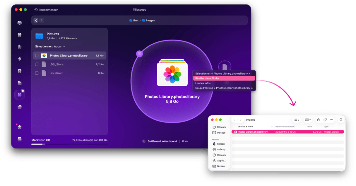 CleanMyMac T&eacute;lescope affichant une biblioth&egrave;que Photos de 5,7 Go avec l'option Afficher dans le Finder pour localiser et lib&eacute;rer de l'espace disque sur Mac