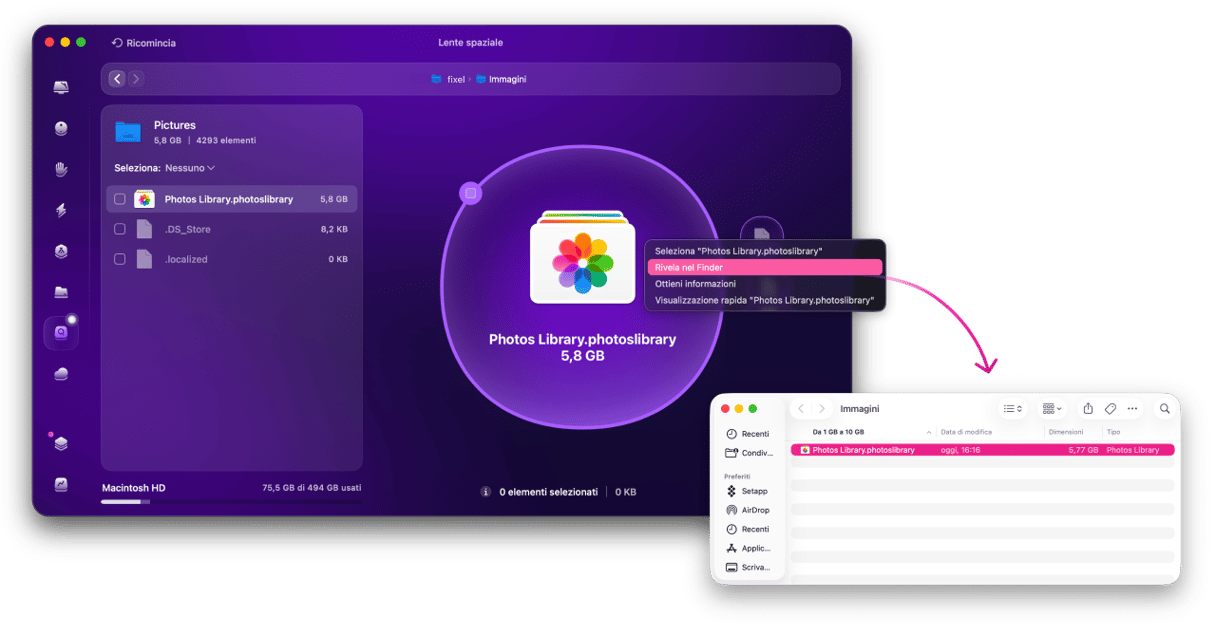 CleanMyMac Lente spaziale che mostra la libreria Foto da 5,7 GB con l'opzione Mostra nel Finder per individuare e liberare file di grandi dimensioni su Mac