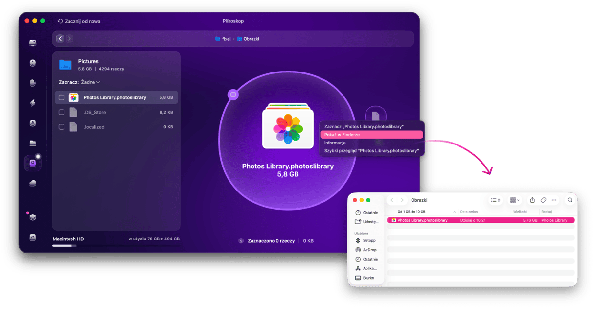 CleanMyMac Plikoskop pokazuje bibliotekę zdjęć o rozmiarze 5,7 GB z opcją Pokaż w Finderze, umożliwiającą znalezienie i zwolnienie miejsca zajmowanego przez duże pliki na Macu
