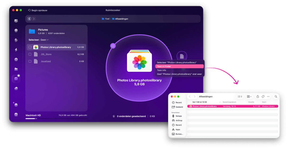 CleanMyMac Space Lens toont een fotobibliotheek van 5,7 GB met de optie Toon in Finder om grote bestanden op de Mac te vinden en opslagruimte vrij te maken