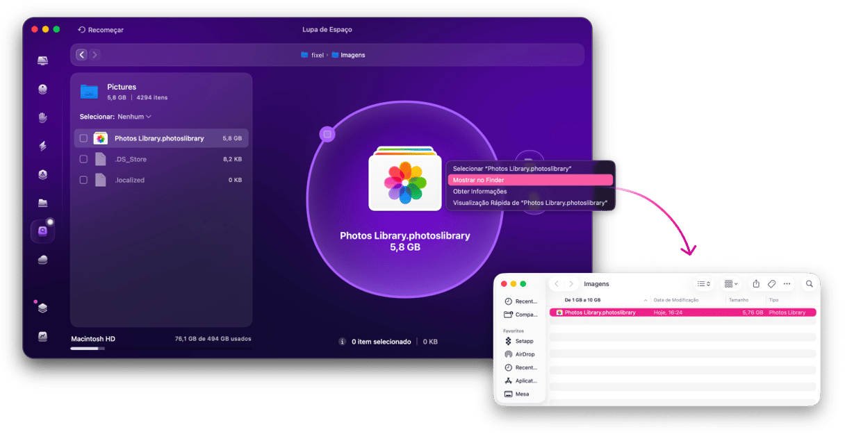 CleanMyMac Lupa de Espa&ccedil;o exibindo a biblioteca de fotos de 5,7 GB com a op&ccedil;&atilde;o Revelar no Finder para localizar e liberar espa&ccedil;o de arquivos grandes no Mac