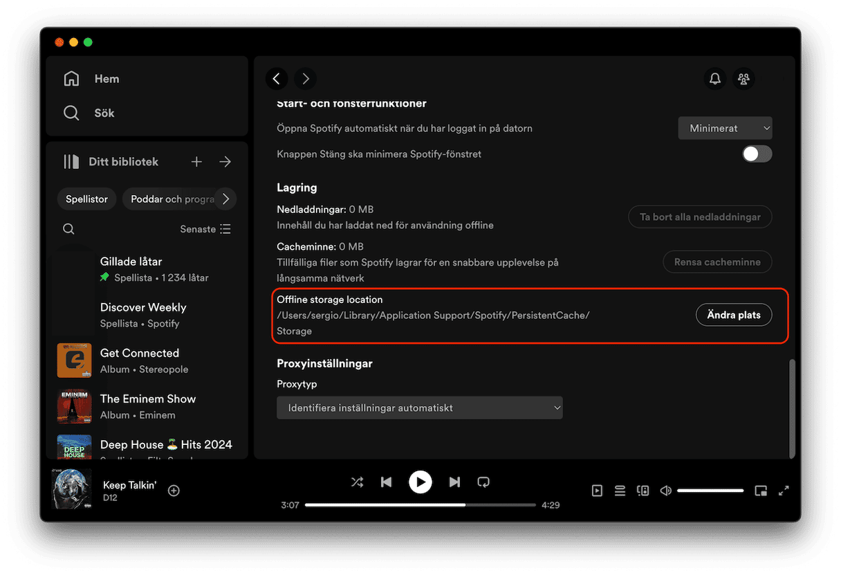 Se var Spotify lagrar cache under avsnittet &rdquo;Lagring av offline-l&aring;tar&rdquo;