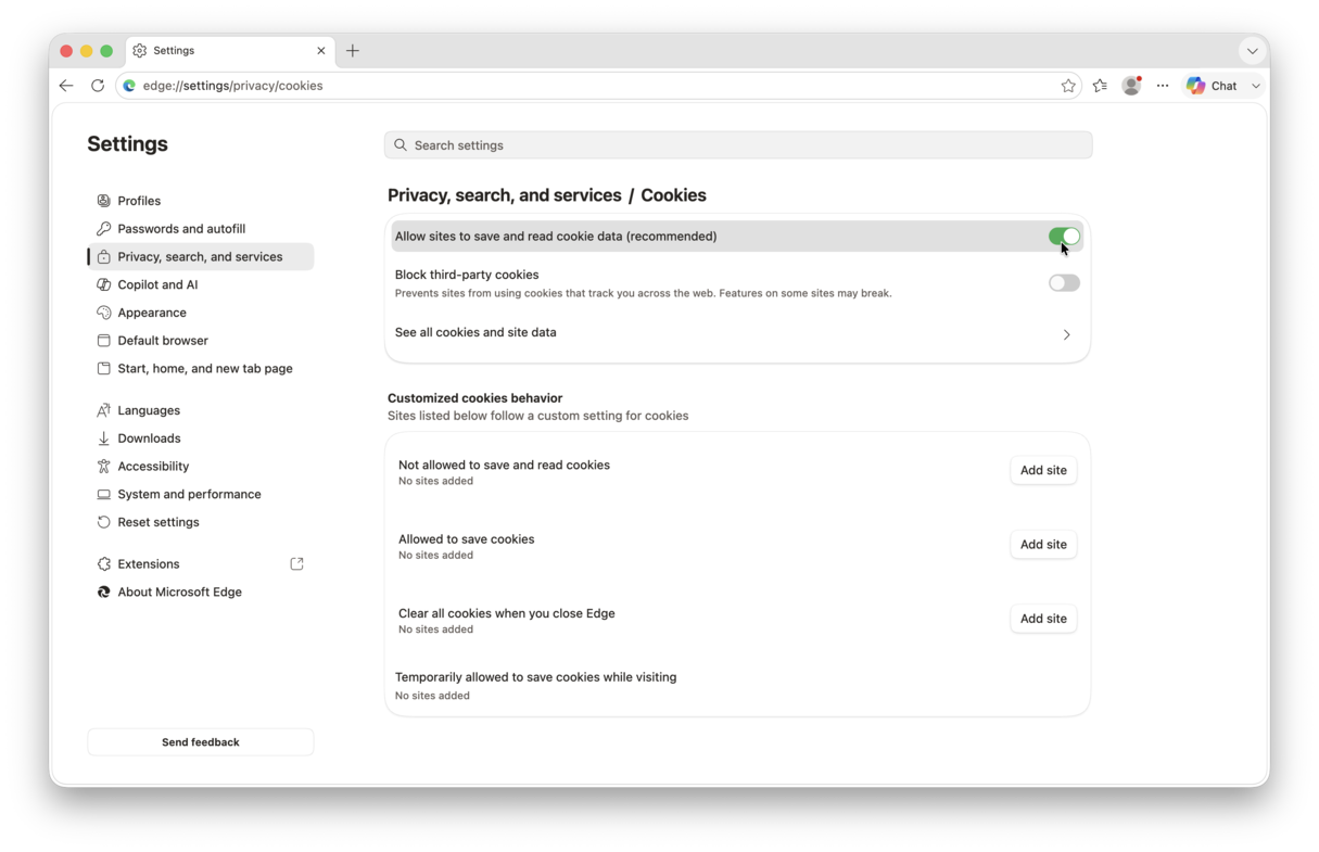 How to enable cookies in Edge on Mac