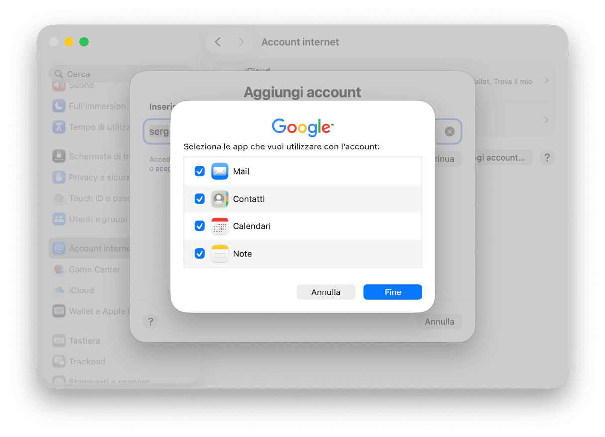 Clicca Consenti per confermare di voler permettere a macOS di accedere al tuo account Google