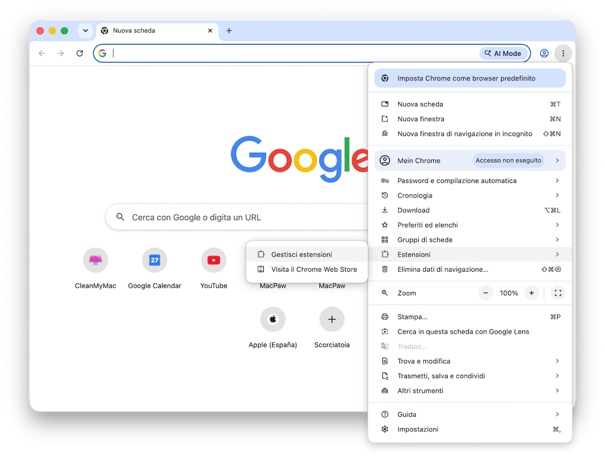 Controlla le estensioni del browser