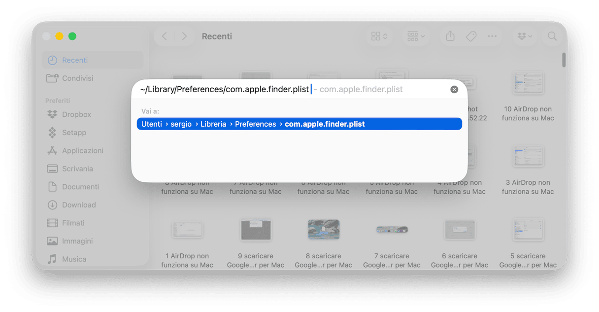 Copia e incolla questo percorso: ~/Libreria/Preferences/com.apple.finder.plist