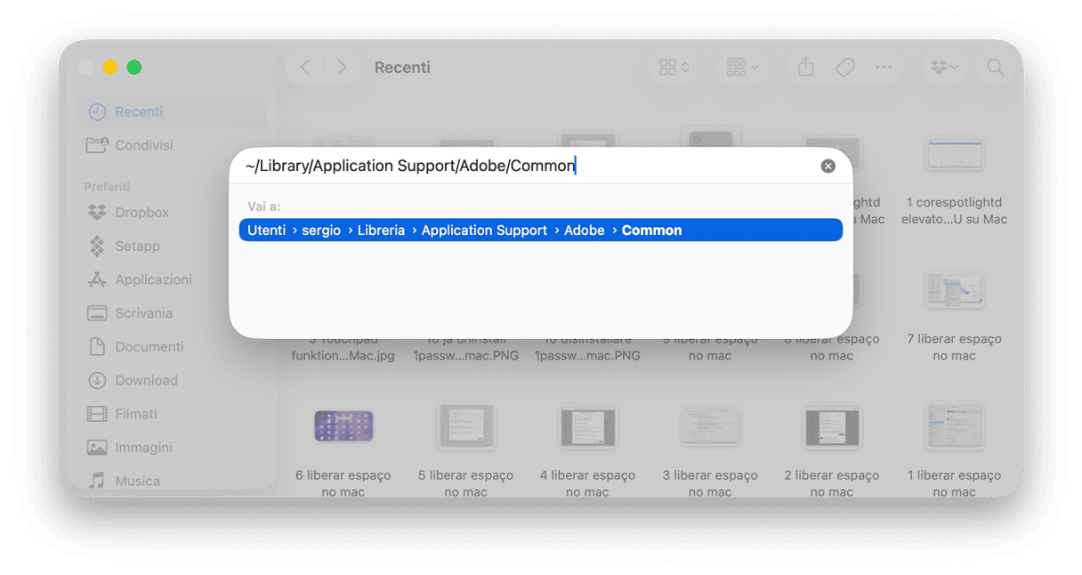 Nel campo di testo, incolla questo percorso: ~/Libreria/Application Support/Adobe/Common