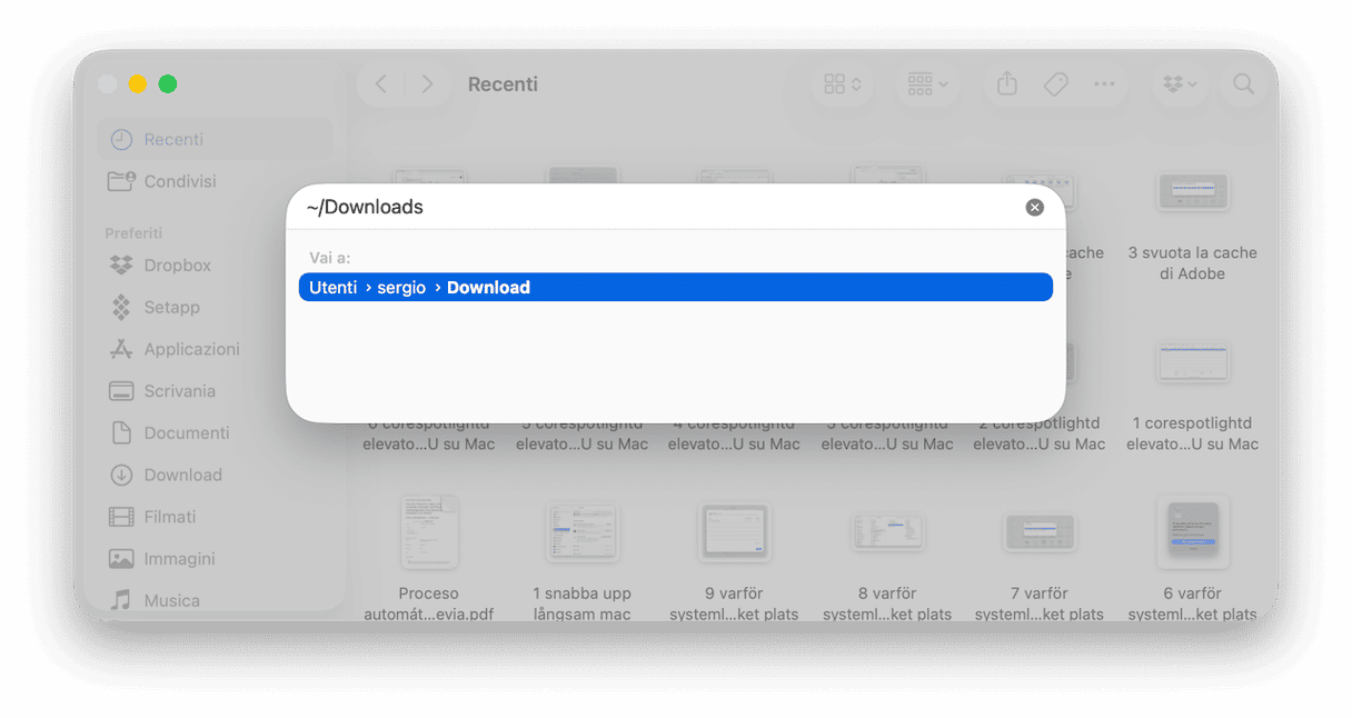 Con il Finder aperto, premi Comando + Maiuscole + G e incolla questo percorso: ~/Utenti >[il tuo nome utente] > Download