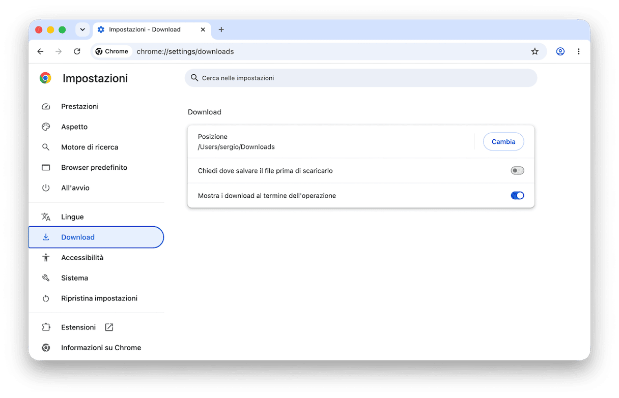Modificare la posizione dei download in Chrome