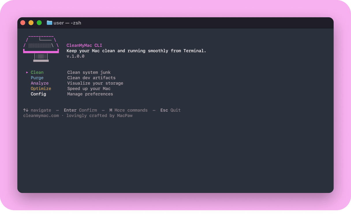 CleanMyMac CLI v1.0.0 main menu in macOS Terminal showing Clean, Purge, Analyze, Optimize, and Config commands for managing Mac performance from the command line