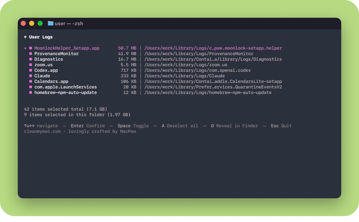 CleanMyMac CLI User Logs scan results in macOS Terminal listing log files from Zoom, Claude, Codex, Calendars, and Homebrew across the Mac Library Logs folder