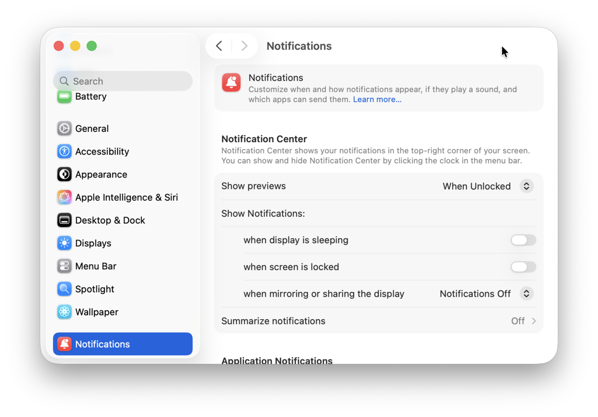 Notifications settings on Mac