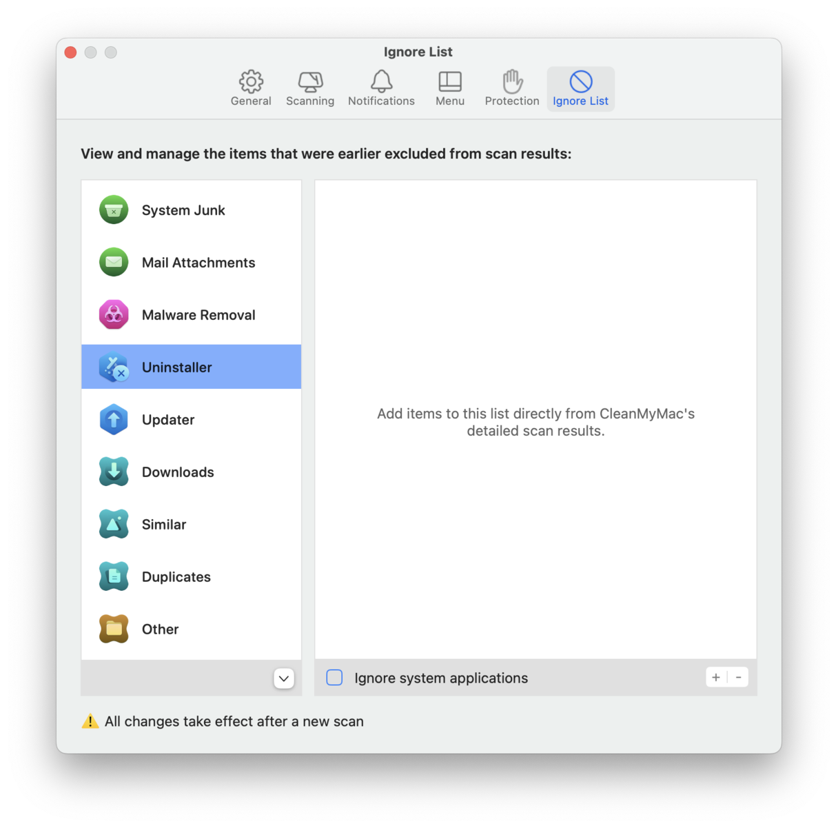 CleanMyMac ignore list