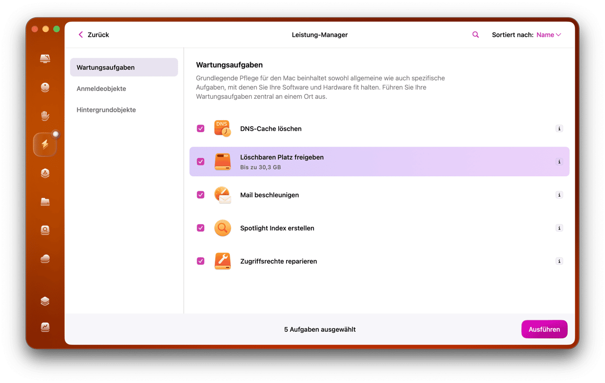CleanMyMac - Seitenleiste &bdquo;Leistung&ldquo;