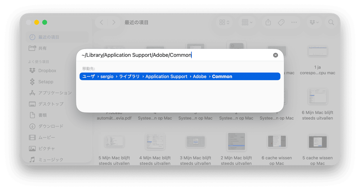テキストボックスに次のパスを貼り付けます： ~/Library/Application Support/Adobe/Common
