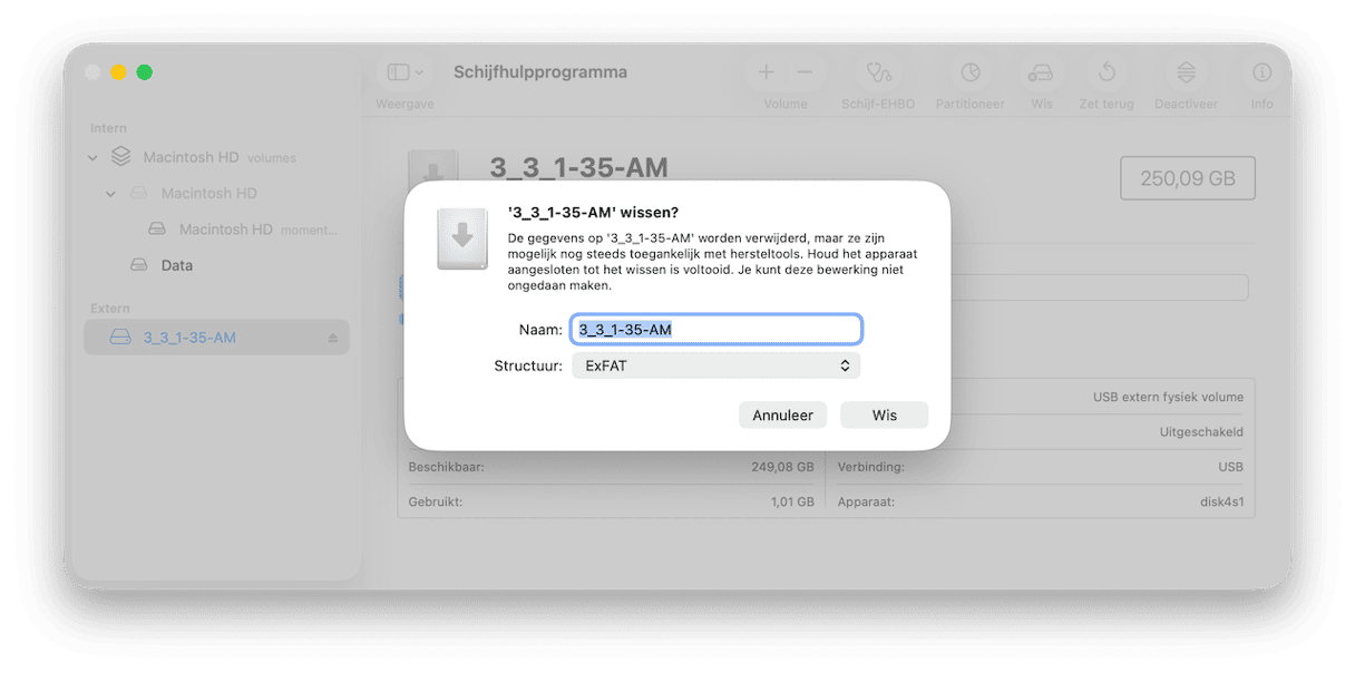 Stel de structuur in op exFAT en klik op 'Wis'