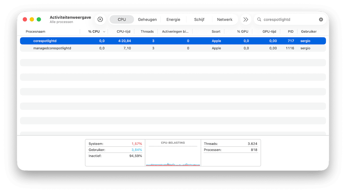 corespotlightd is een proces dat op de achtergrond draait en bestanden indexeert voor Spotlight