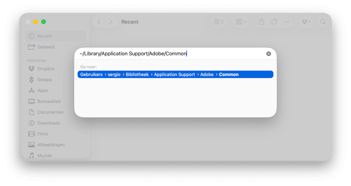 Plak het volgende pad in het tekstvak: ~/Library/Application Support/Adobe/Common