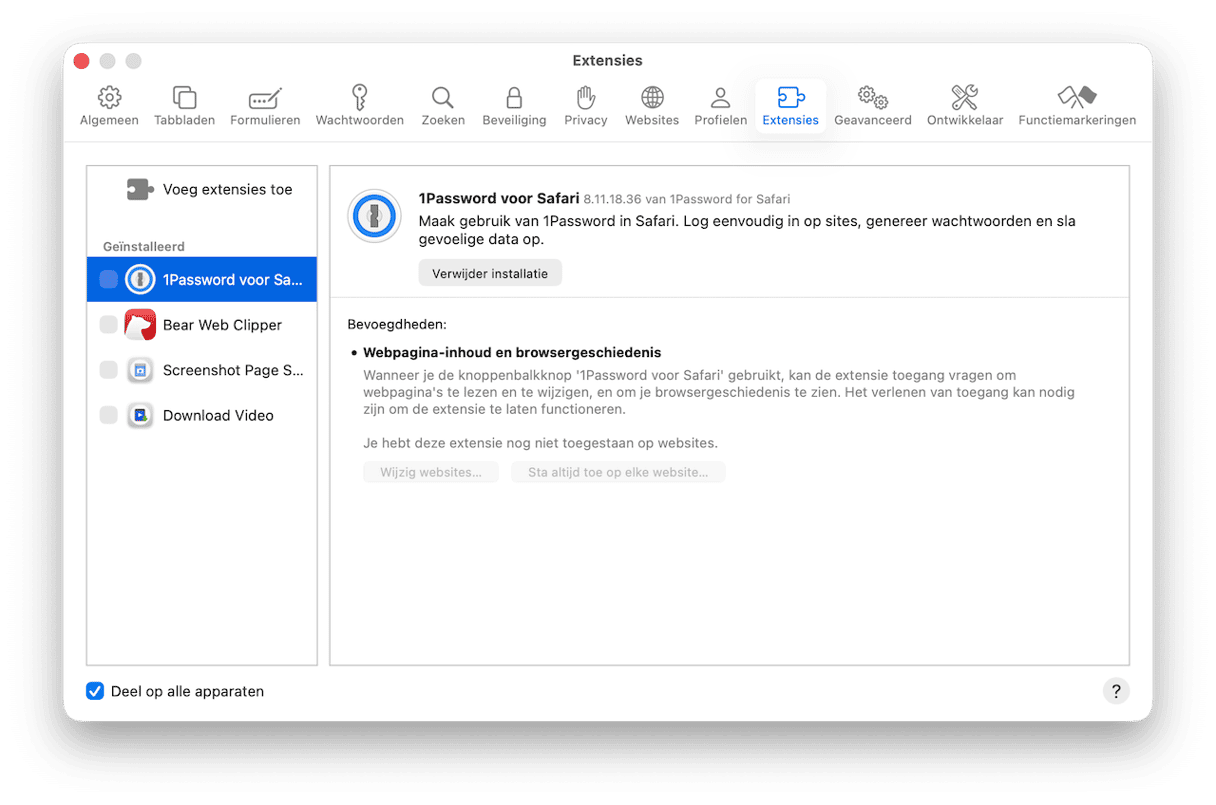 Verwijder de extensies in Safari