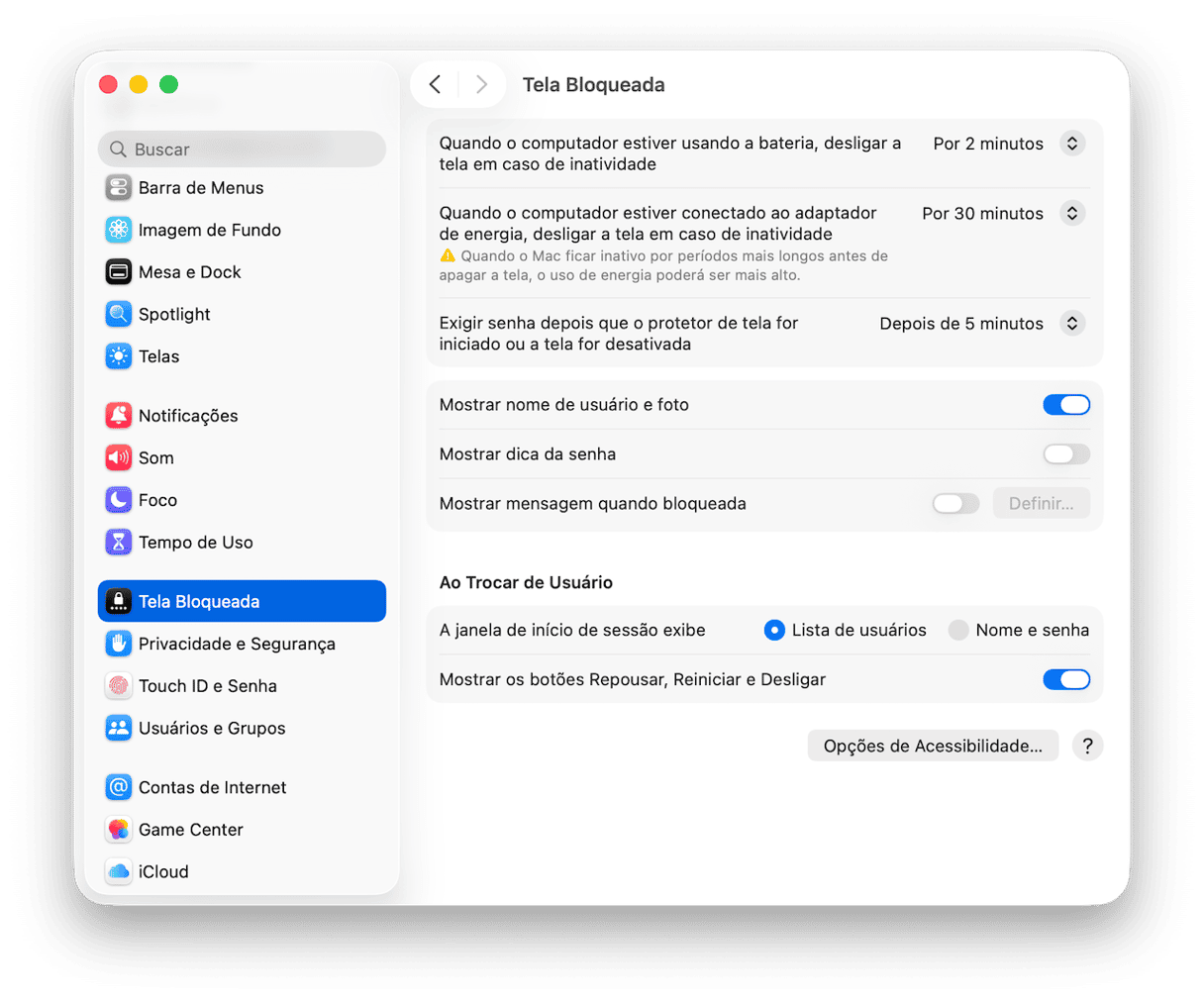 Verifique os ajustes de Tela Bloqueada