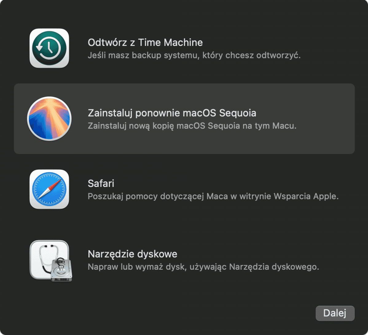 W Narzędziach macOS wybierz Zainstaluj ponownie macOS