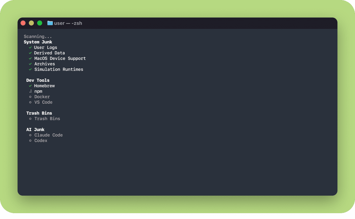 CleanMyMac CLI scanning Mac for system junk, dev tools including Homebrew and npm, trash bins, and AI junk from Claude Code and Codex in macOS Terminal
