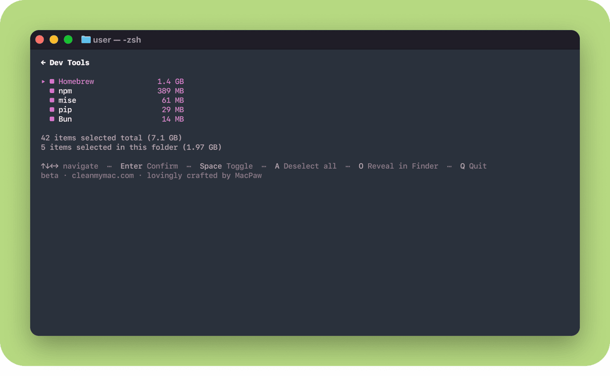 CleanMyMac CLI Dev Tools cleanup screen in macOS Terminal showing Homebrew at 1.4 GB, npm at 389 MB, mise, pip, and Bun selected for removal totaling 1.97 GB