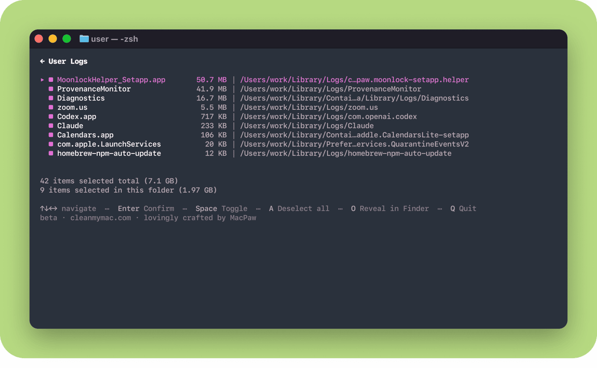 CleanMyMac CLI User Logs scan results in macOS Terminal listing log files from Zoom, Claude, Codex, Calendars, and Homebrew across the Mac Library Logs folder