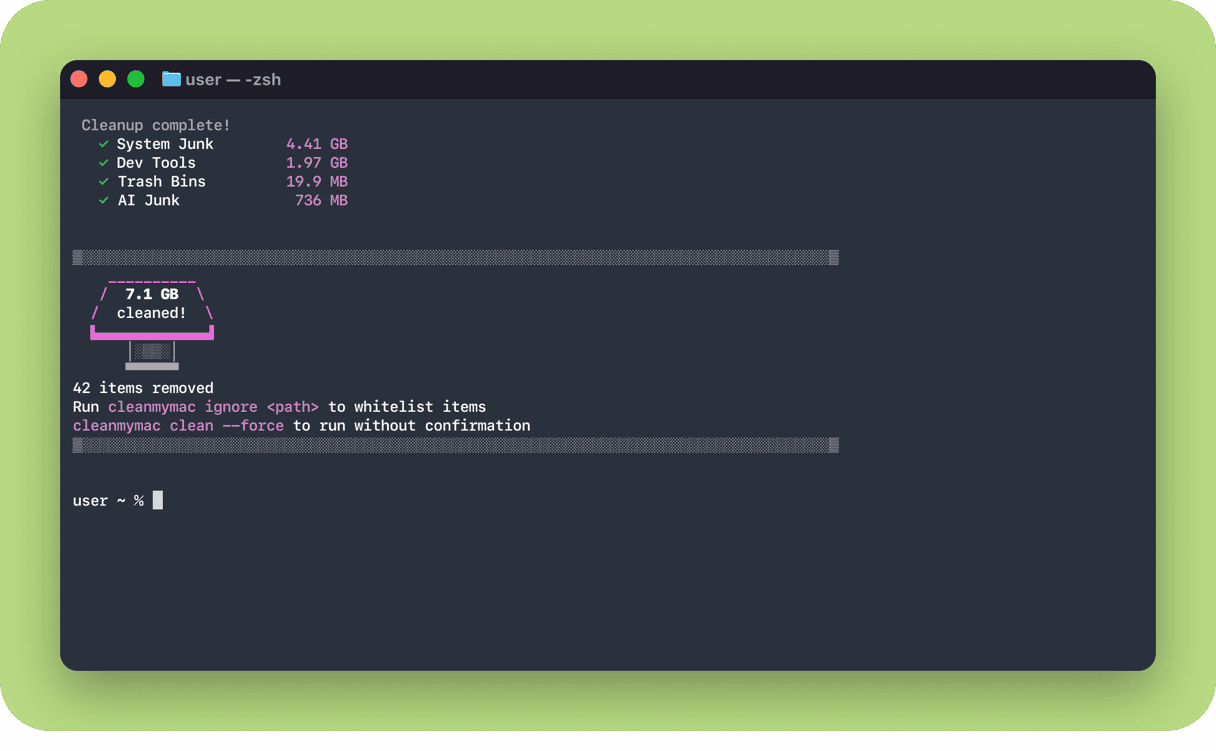 CleanMyMac CLI Terminal output showing cleanup complete with 7.1 GB removed across system junk, dev tools, trash bins, and AI junk categories in 42 items