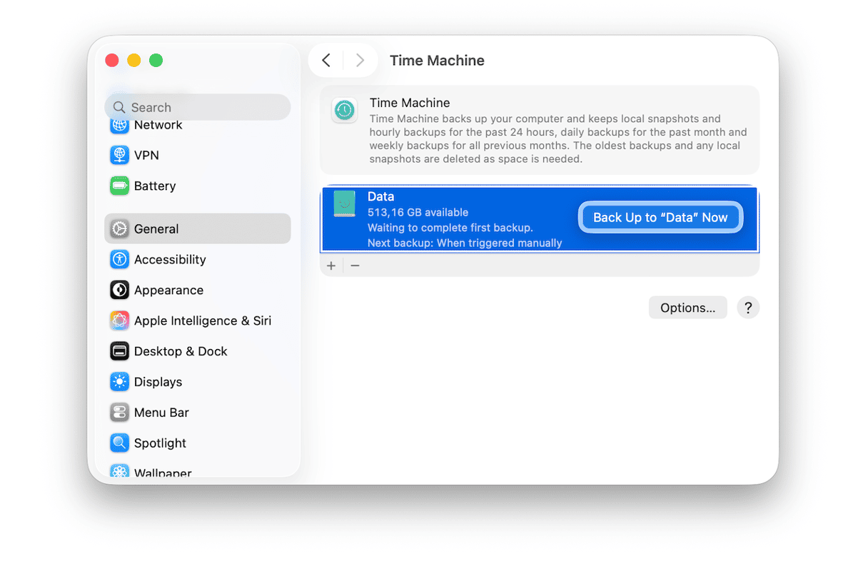 System Settings > General > Time Machine