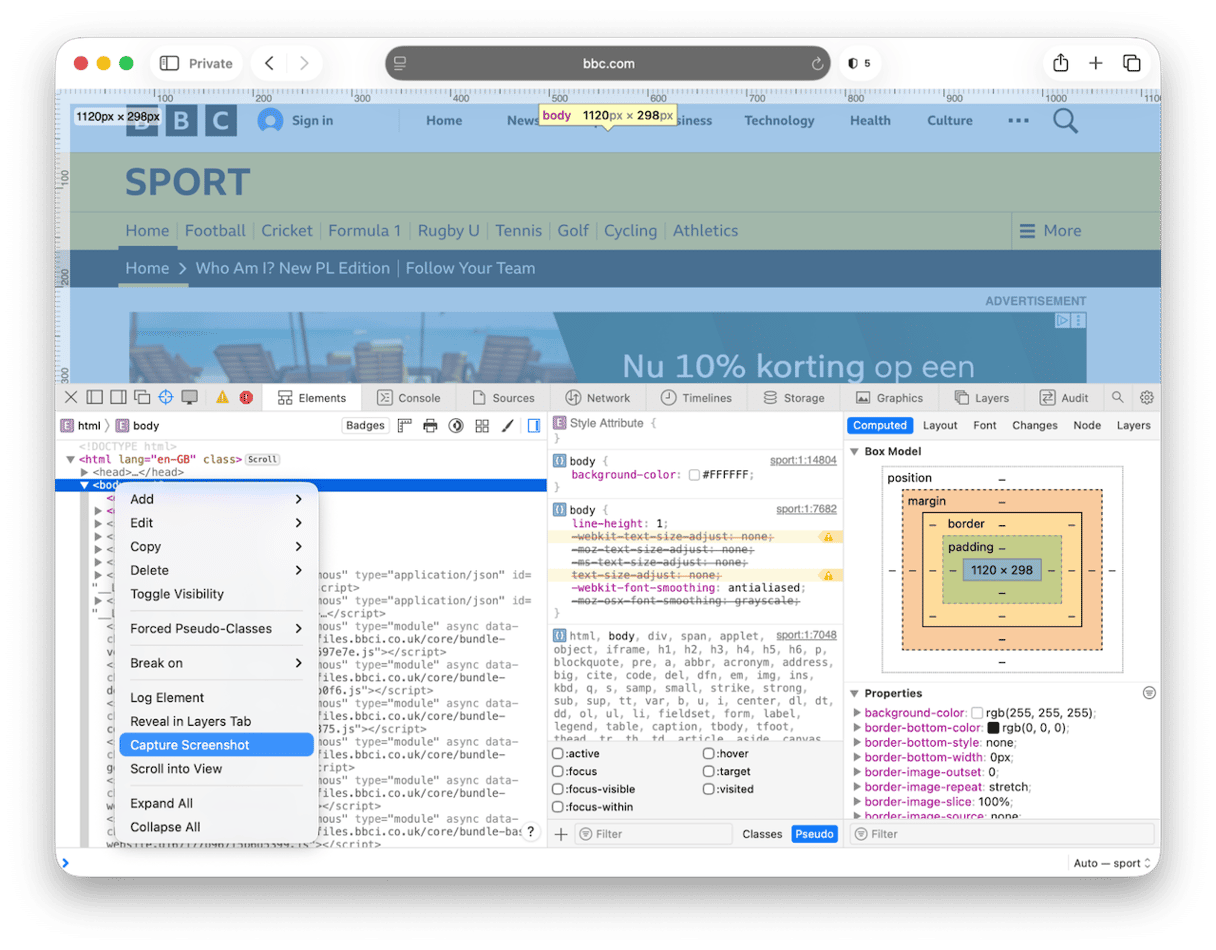 Safari DevTools full-page capture
