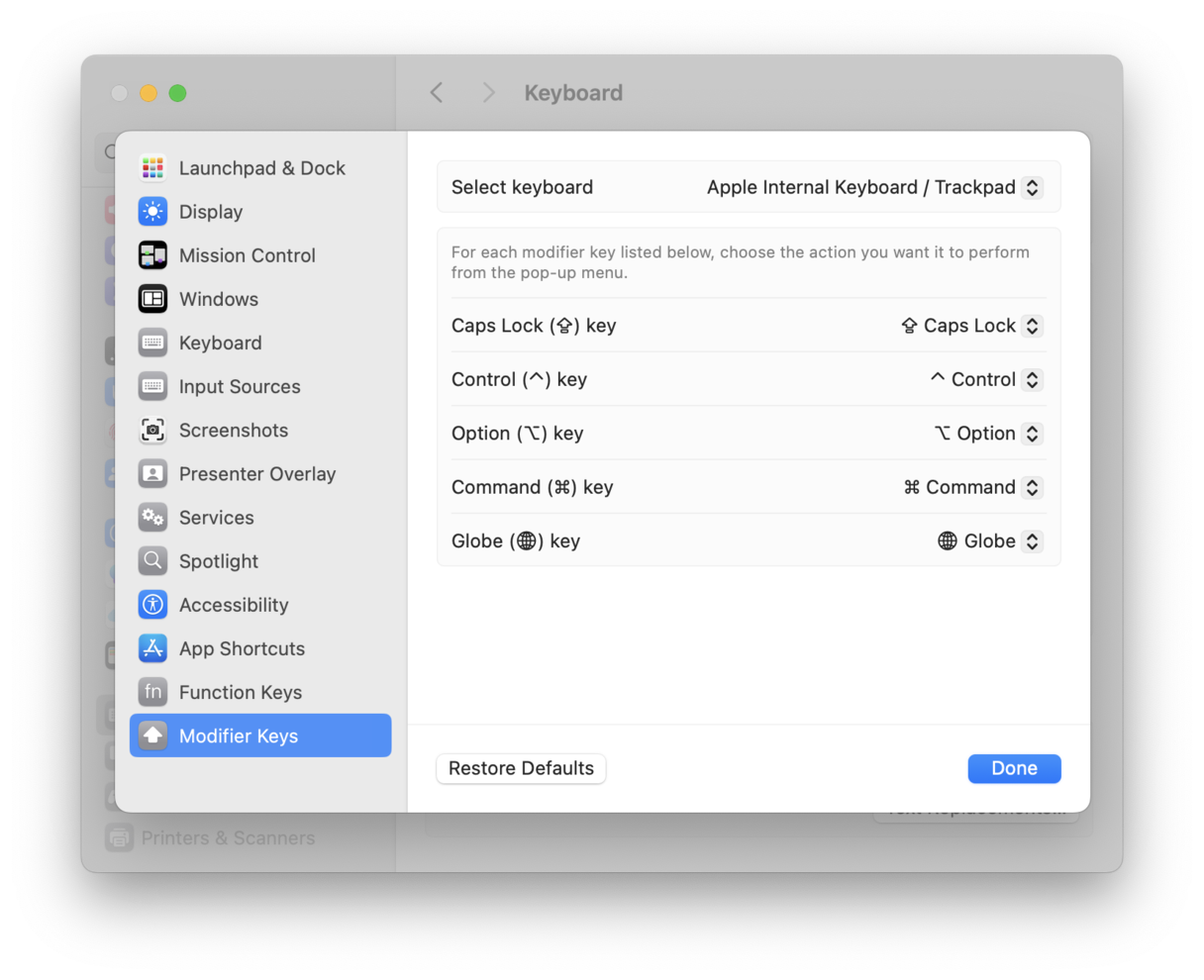 Modifier Keys menu on Mac