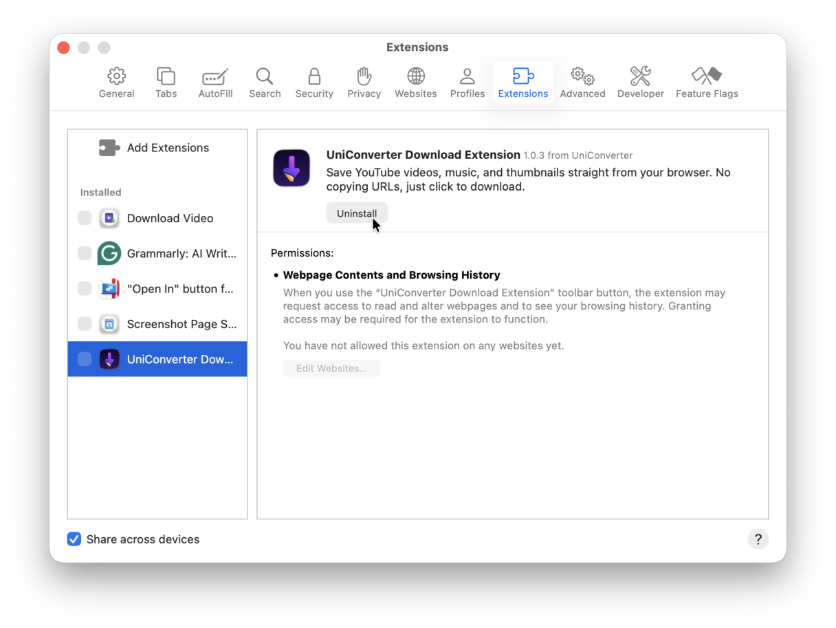 uninstall Wondershare extension from Safari