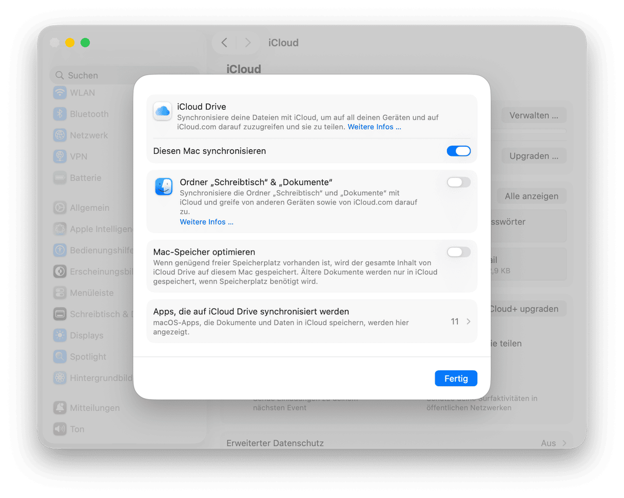iCloud-Synchronisierung f&uuml;r Schreibtisch und Dokumente deaktivieren