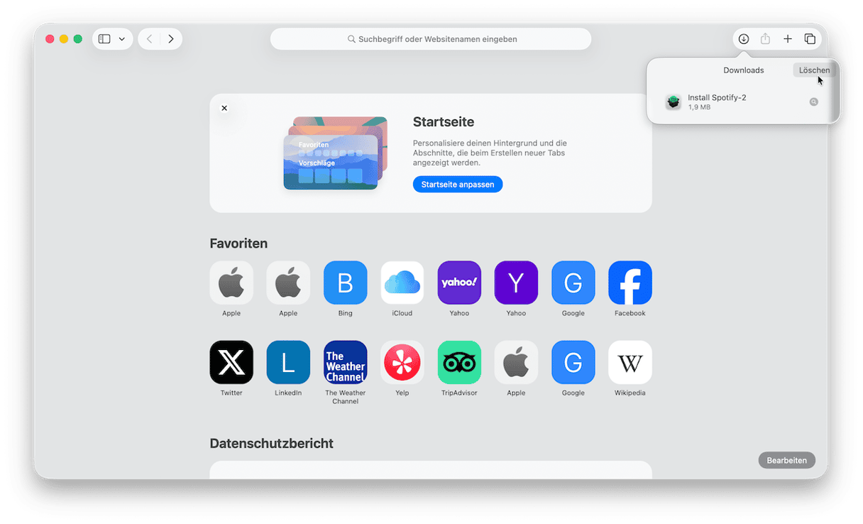 Safari zeigt Ihnen alle Dateien an, die Sie heruntergeladen haben. Klicken Sie auf &bdquo;L&ouml;schen&ldquo;, um den Download-Verlauf zu l&ouml;schen