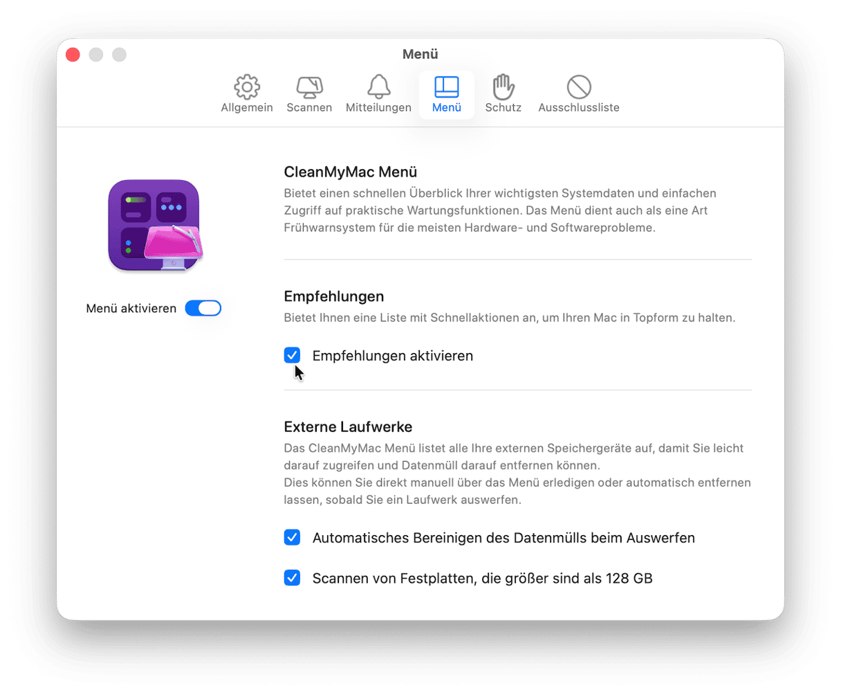 Wenn das iMac-Symbol in der Men&uuml;leiste nicht angezeigt wird, &ouml;ffnen Sie CleanMyMac und gehen Sie zu &bdquo;Einstellungen&ldquo; > &bdquo;Men&uuml;&ldquo;, um es zu aktivieren