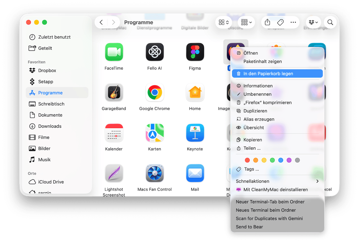 Gehen Sie in Ihren Ordner &bdquo;Programme&ldquo;, suchen Sie Firefox und verschieben Sie ihn in den Papierkorb