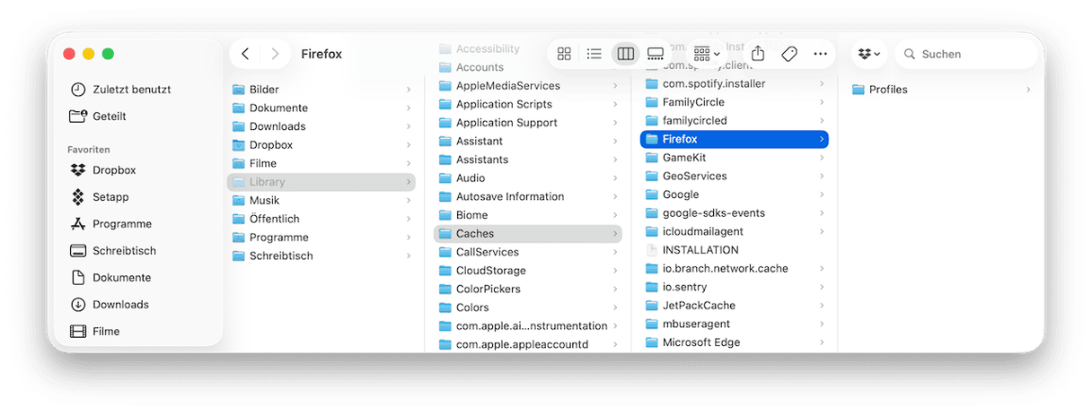 Suchen Sie ebenfalls den Ordner &bdquo;Mozilla&ldquo; in ~/Library/Caches und verschieben Sie auch diesen in den Papierkorb