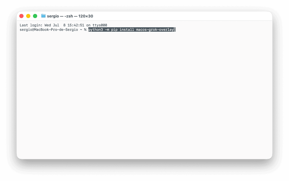 Ouvrez le Terminal, copiez-collez la commande suivante et appuyez sur Entr&eacute;e : python3 -m pip install macos-grok-overlay